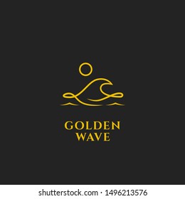 Golden ocean wave logo with midnight moon icon illustration symbol line outline monoline style