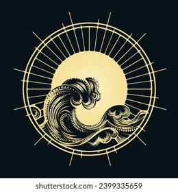 Golden Ocean Wave in Sunlight Circle Backround Emblem. Hand Drawn vector illustration isolated on black background. No AI was used.