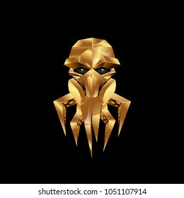 Golden octopus in a gas mask icon. Chrome octopus robot illustration.