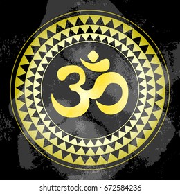 Golden Ohm symbol, indian Diwali spiritual sign Om over ethnic round pattern. Oriental vector religious symbol. India, Thai, Asia. Spiritual, God, mind, religion. Tattoo art, print, poster, textile.