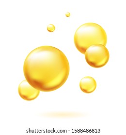 Golden oil bubbles. Capsules pills omega-3, fish oil or vitamins A, E, D. Concept of beauty and health. Vector illustration isolated on white background
