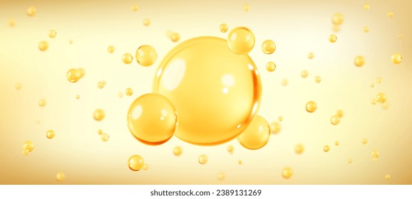 Golden oil bubbles, liquid collagen or serum. Skin care cosmetic product texture or clear essence. Concept skin care cosmetics solution. Vector realistic illustration