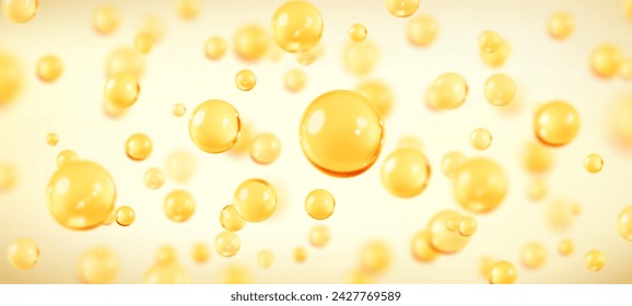 Golden oil bubbles, liquid collagen or serum. Skin care cosmetic product texture or clear essence. Concept skin care cosmetics solution. Vector realistic illustration