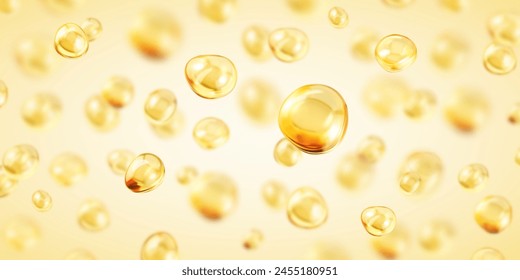 Golden oil bubbles, liquid collagen or serum. Skin care cosmetic product texture or clear essence. Concept skin care cosmetics solution. Vector realistic illustration
