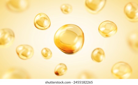 Golden oil bubbles, liquid collagen or serum. Skin care cosmetic product texture or clear essence. Concept skin care cosmetics solution. Vector realistic illustration
