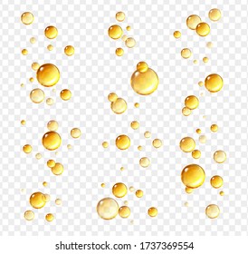 Golden oil bubbles. Realistic oil drops, cosmetic vitamin capsules, collagen essence, serum yellow droplets. Vector oily balls.