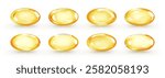 Golden oil capsule set isolated on white background. Realistic shiny medicine pills with fish oil or omega 3. Vitamin supplement. 3D vector illustration