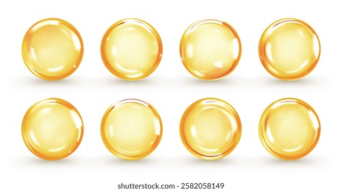 Golden oil capsule set isolated on white background. Realistic shiny medicine pills with fish oil or omega 3. Vitamin supplement. 3D vector illustration