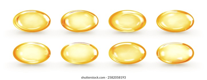 Golden oil capsule set isolated on white background. Realistic shiny medicine pills with fish oil or omega 3. Vitamin supplement. 3D vector illustration