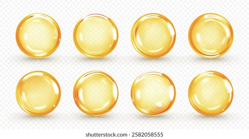 Golden oil capsule set isolated on transparent background. Realistic shiny medicine pills with fish oil or omega 3. Vitamin supplement. 3D vector illustration