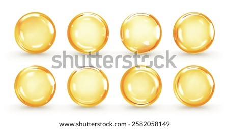 Golden oil capsule set isolated on white background. Realistic shiny medicine pills with fish oil or omega 3. Vitamin supplement. 3D vector illustration