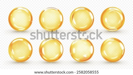 Golden oil capsule set isolated on transparent background. Realistic shiny medicine pills with fish oil or omega 3. Vitamin supplement. 3D vector illustration