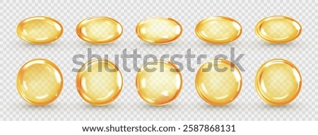 Golden oil capsule set isolated on transparent background. Realistic medicine pills with fish oil or omega 3. Vitamin supplement. 3D vector illustration