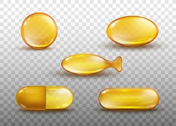 Golden Oil Capsule Set - Realistic Shiny Medicine Pills With Gold Yellow Fish Oil Or Omega 3 Vitamin Isolated On Transparent Background - Vector Illustration.