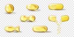 Golden Oil Capsule Set. Realistic Shiny Medicine Pills With Gold Yellow Fish Oil Or Omega 3 Vitamin Supplement Isolated On Transparent Background. 3d Vector Illustration