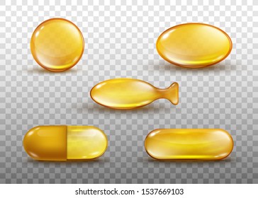 Golden oil capsule set - realistic shiny medicine pills with gold yellow fish oil or omega 3 vitamin isolated on transparent background - vector illustration.
