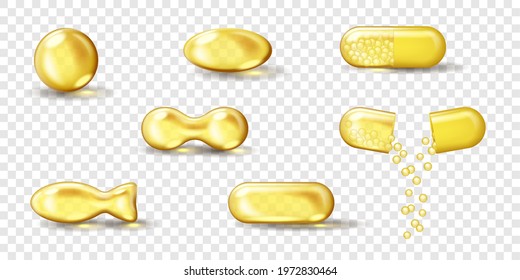 Golden Oil Capsule Set. Realistic Shiny Medicine Pills With Gold Yellow Fish Oil Or Omega 3 Vitamin Supplement Isolated On Transparent Background. 3d Vector Illustration