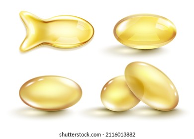 Golden oil capsule set. Realistic shiny medicine pills with gold yellow fish oil or omega 3 vitamin supplement isolated on transparent background. 3d vector illustration