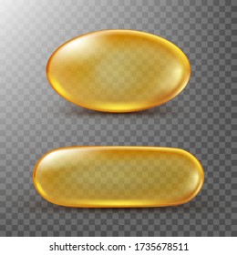 Golden oil capsule of vitamin A, E, Omega 3 or collagen. Vector realistic mockup of medical pill with fish fat or organic cosmetic oil. Clear yellow tablets isolated on transparent background