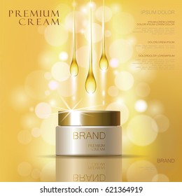 Golden oil cosmetic cream skin care ads. Template 3d realistic illustration vector illustration. Moisturizing mask product mock up art Thick drops of oil hang down. Promoting luxury premium droplets