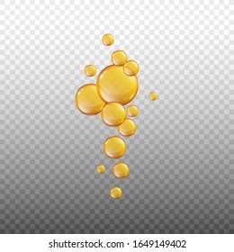 Golden oil drop air bubble stream floating up isolated on transparent background - realistic gold spheres of bubbles flowing in air, vector illustration