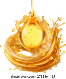 gota de óleo dourado caindo em espiral circular borboleta Movimento fluido e rica textura brilhante vetor 3D Isolado Grande para óleo de motor ou conceitos de soro de beleza