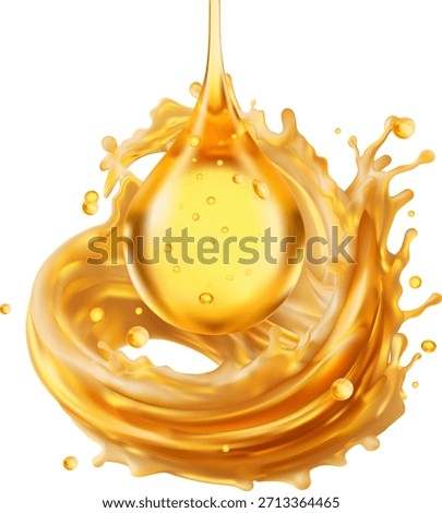 golden oil drop falling into swirling circular splash Fluid motion and rich glossy texture 3D vetor Isolated Great for engine oil or beauty serum concepts