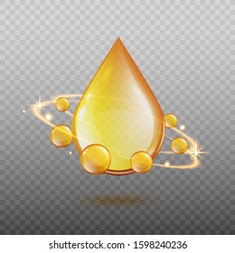 Golden oil drop with magic light energy swirl surrounded by sphere gold droplets. Realistic cosmetic essential oil or omega 3 vitamin ad element - isolated vector illustration