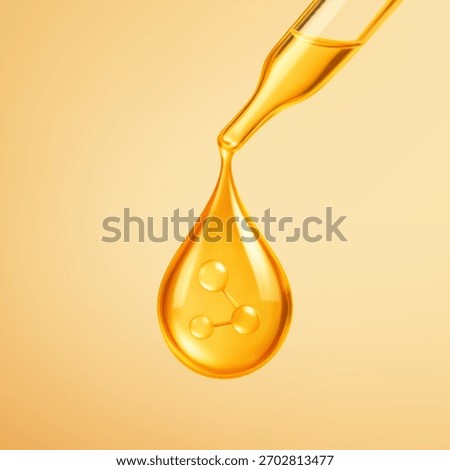 Golden oil drop with molecule inside falling from pipette. Cosmetic pipette with essence. Skincare concept. Vector illustration