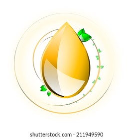 Golden oil drop on circles with small leaves, vine-like, EPS 10