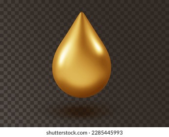 Golden oil droplet isolated. Realistic collagen essence, 3d vitamin icon. Healthcare and medicine concept