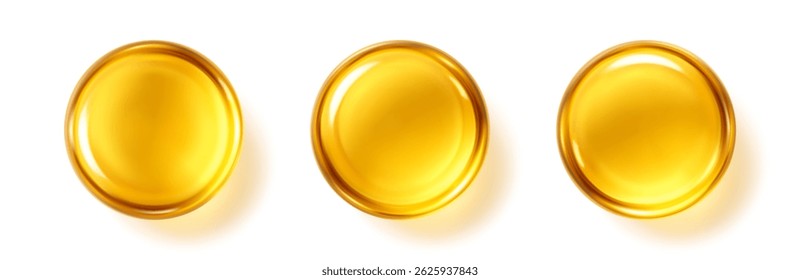 Golden oil drops isolated on white background. Cosmetic serum or vitamin capsules. Vector illustration