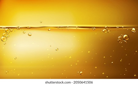 Golden oil liquid background. Template cosmetic products with oil Q10. Olive oil. Vegetable oil background. Realistic golden liquid surface. Used as wallpaper, industrial concept. Vector illustration