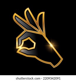 Golden OK Hand Sign Vector Illustration in black background with gold shine effect