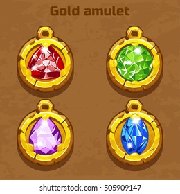 golden old amulet with color jewels different shapes, resource gaming element