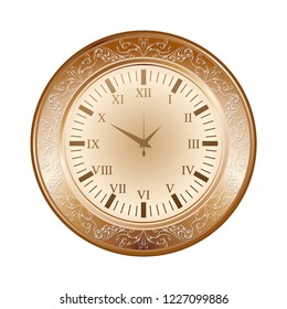 Golden old pocket watch with floral pattern isolated on white background