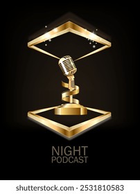 Golden old vintage microphone icon with the text of the night podcast. Radio station banner. Musical hits. Vector design.