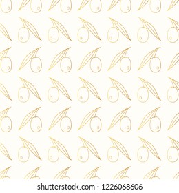 Golden olive branch seamless pattern. Hand drawn gold wallpaper background. Vector isolated illustration.