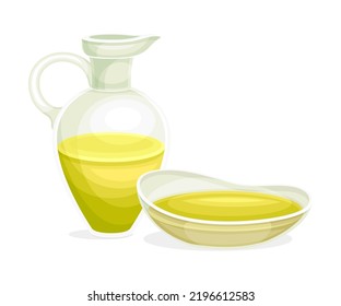 Golden Olive Oil Poured in Glass Jug and Bowl Vector Illustration