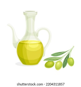 Golden Olive Oil Poured in Glass Jug with Green Fruit Twig Vector Illustration