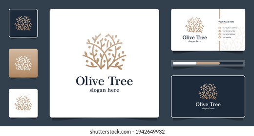 Golden olive tree logo design and business card template