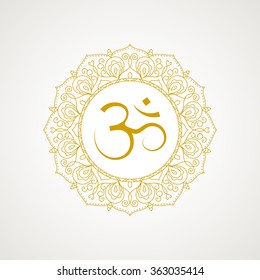 Golden om symbol. Gold lace frame. Vector isolated on white background. Spiritual icon in Indian religions. Mantra in Hinduism, Buddhism.