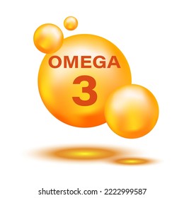 Golden Omega 3 icon. Omega-3 Polyunsaturated fats. Natural fish, organic vitamin, nutrients. Vitamin Drop Tablets capsules