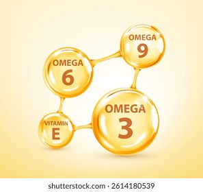 Golden omega 3-6-9 and vitamin E molecular drops. Skincare supplement concept. Vector illustration