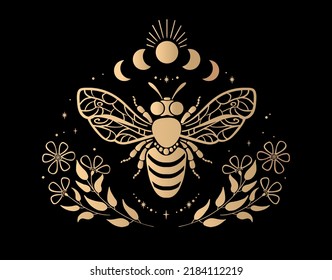 Golden on a black background vector linear magical composition: bee, plants, flowers, phases of the moon, stars. Can be used as a label, sticker, print on textile or paper, brand logo.