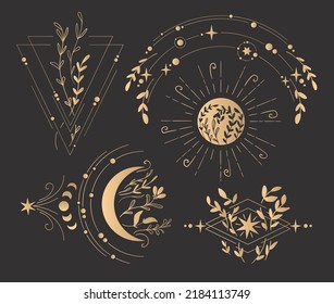 Golden on a black background vector linear magical set: moon, sun, plants, geometry, frames, stars, comet, mystical elements. Can be used as a label, sticker, print on textile or paper, brand logo.