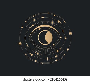 Golden on a black background vector linear magical composition: eye-moon, stars and space. Can be used as a label, sticker, print on textile or paper, brand logo.