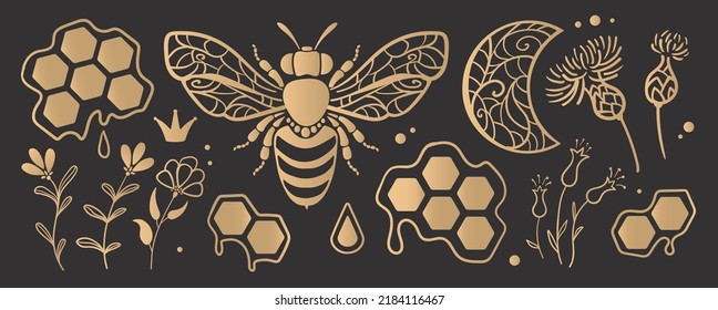 Golden on a black background vector linear magical set: bee, honey, flowers, honeycombs, stars, moon, plants. Can be used as a label, sticker, print on textile or paper, brand logo.