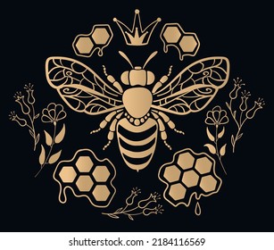 Golden on a black background vector linear magical composition: bee, plants, flowers, honeycomb. Can be used as a label, sticker, print on textile or paper, brand logo.