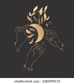 Golden on a black background vector linear magical composition: hands, moon, stars, plants, flowers. Can be used as a label, sticker, print on textile or paper, brand logo.